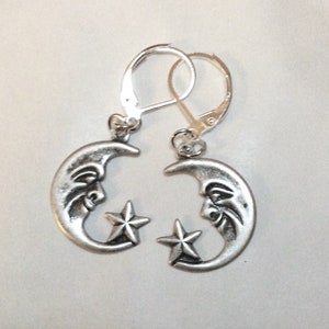Crescent moon and star silver tone handmade earrings for pierced ears nickel free