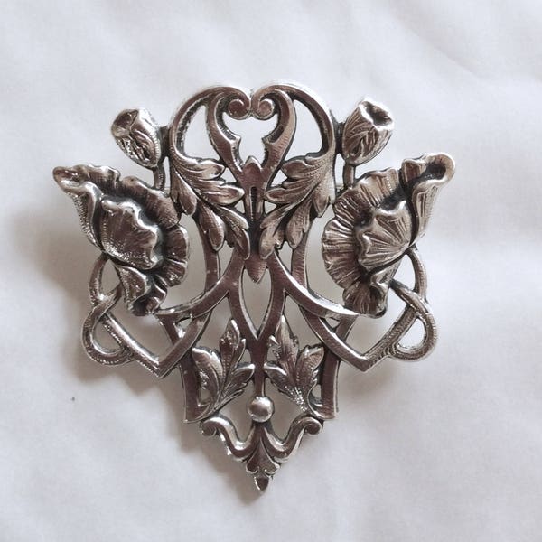 Spilla / spilla papavero oppiacei Fiore vintage placcato argento in stile Art Nouveau