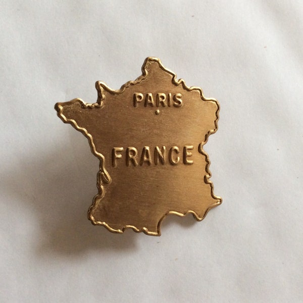 Map of France charm raw brass gold tone brooch / pin made from vintage fitting