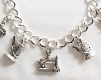 Sewing bracelet handmade silver tone sewing machine reel of cotton charm 19-21 cm choice of lengths