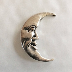 Moon brooch Art nouveau style moon brooch pin, man in the moon textured silver plated