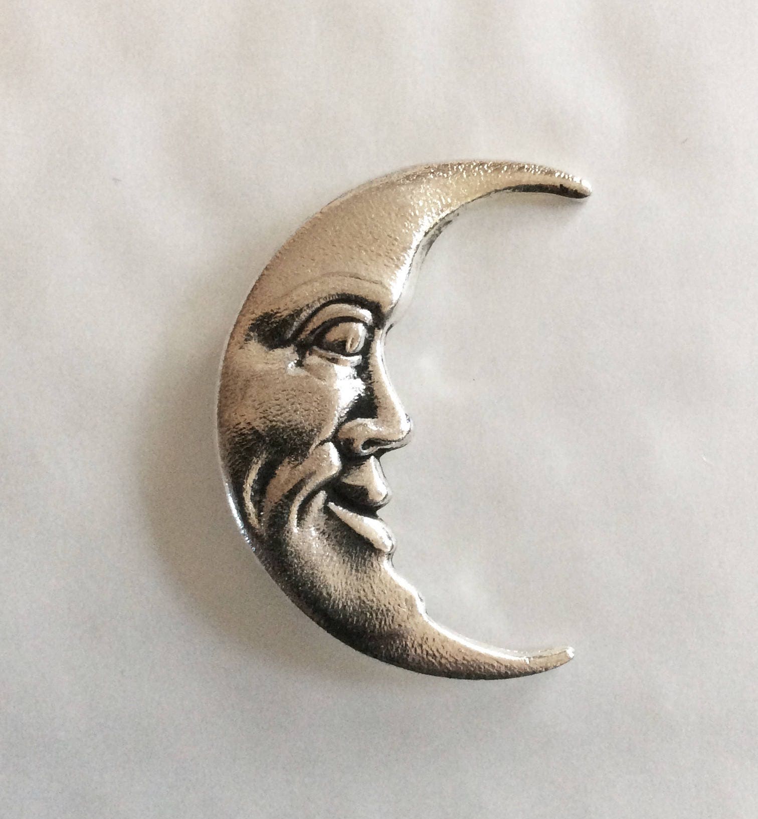 Moon brooch Art nouveau style moon brooch pin, man in the moon textured silver plated