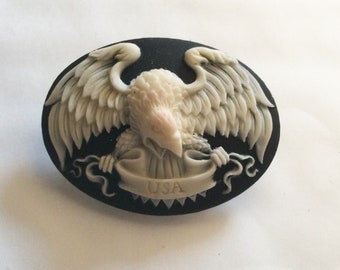 American Eagle resin cameo cream and black cameo USA  bird brooch