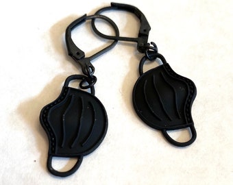 Black rubber face mask earrings joke Covid earrings quirky handmade detailed for pierced ears nickel free