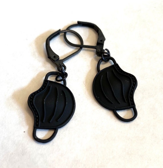 Black rubber face mask earrings joke Covid earrings quirky Etsy
