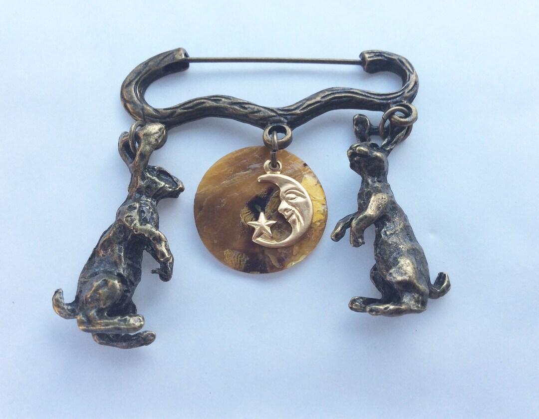 Moon Gazing Rabbits Star Gazer Hares Bronze Tone Harvest Moon Etsy