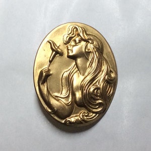Art nouveau Lady with lily and flowing hair raw brass brooch pin vintage finding