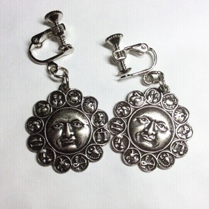 Moon and Zodiac star signs Horoscope earrings pewter screw fitting handmade for non pierced ears nickel free