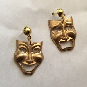 Happy sad comedy tragedy faces theatre masks raw brass gold tone handmade earrings for pierced ears nickel free