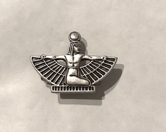 Egyptian winged goddess brooch god silver oxide over raw brass Isis handmade