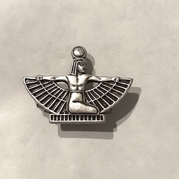 Egyptian winged goddess brooch god silver oxide over raw brass Isis handmade