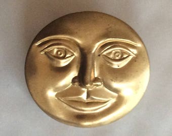 Man in the moon Full moon face Celestial raw brass gold tone brooch lapel pin lunar pin