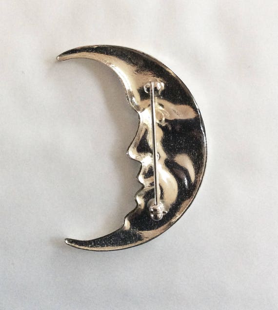 Broche Vintage Années 70/80 - Style Art Déco Demi-lune - Résine Noire & Métal Doré Strass