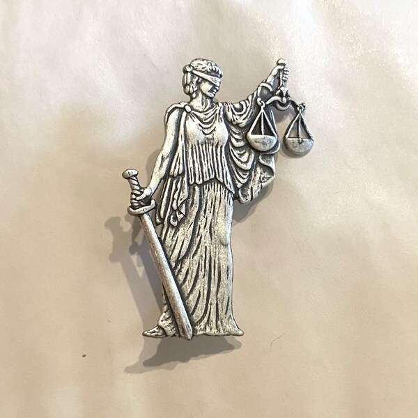 Lady Justice brooch AND pendant law courts, lawyer, barrister Attorney silver oxide over raw brass brooch pin vintage finding