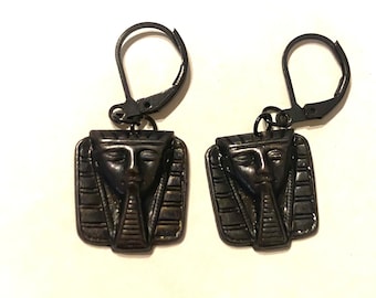 Tutankhamen Egyptian Pharaoh handmade blackened finish over raw brass earrings for pierced ears nickel free