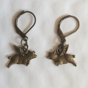 Pigs might fly, earrings flying pigs, pigs with wings for pierced ears bronze tone charms