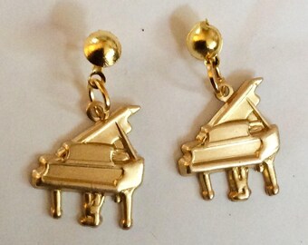 Grand piano small earrings gold tone raw brass musical brass instrument  for pierced ears nickel free