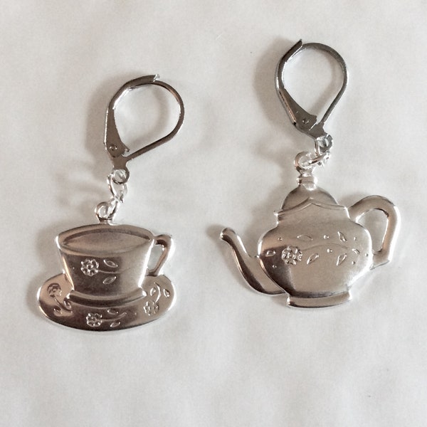 Time for Tea earrings silver tone Teapot, tea cup charms for pierced ears