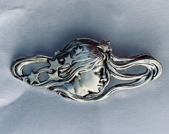 Virgo Lady's Head With Stars Brooch / Pin Art Nouveau Style Silver