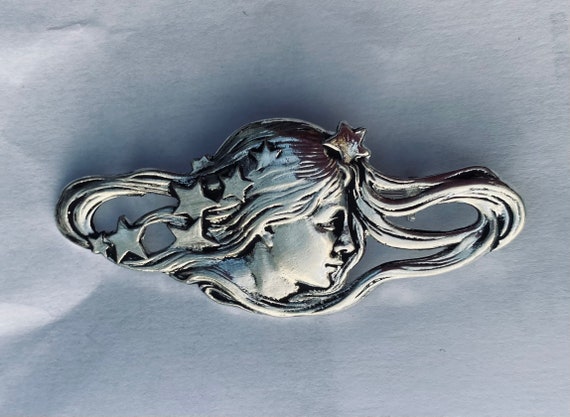 Virgo Lady's Head With Stars Brooch / Pin Art Nouveau Style Silver