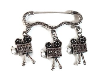 Movie magic cinema film cameras charm silver tone brooch/pin