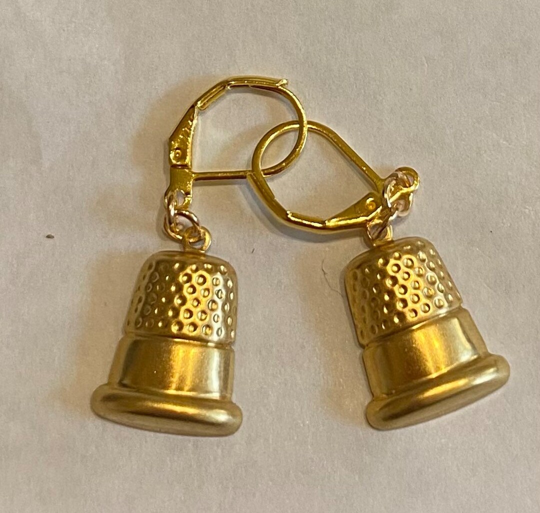 Thimble Earrings Sewer's Gift Charm Raw Brass Gold Tone Quilter Gift
