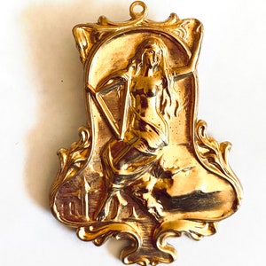 Musical muse lady art nouveau vintage big raw brass brooch pin