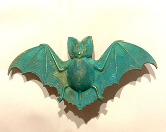 Fat belly Vampire Bat Long earred brooch pin vintage raw brass gold tone Halloween Gothic Evil bat