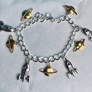 Rocket and planet starry starry night  handmade gold tone silver tone charm bracelet 19cm /7.5&quot;Other lengths available and matching earrings