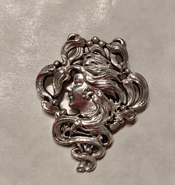 Lady With Mistletoe Leaves Brooch Pin Art Nouveau Style Silver Plated Etsy