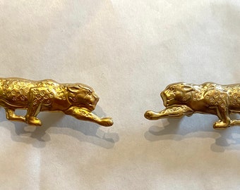 Pair of leopard cheetah raw brass brooches / pins made from vintage findings Two leopard cheetah