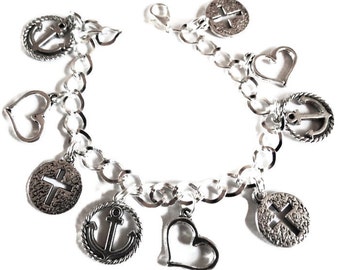 Faith, Hope and Charity handmade silver tone charm bracelet Available in a choice of length 19-21cm