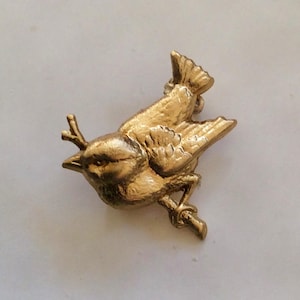 Bird on a branch small brooch /pin from vintage raw brass finding