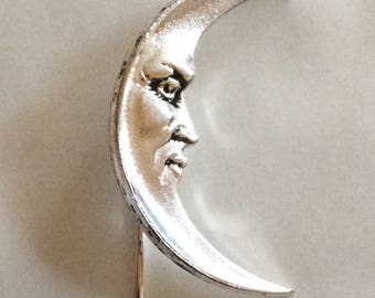 Moon stick pin Art nouveau style silver plated man in the moon stickpin