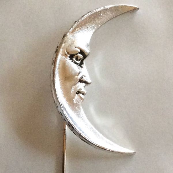 Moon stick pin Art nouveau style silver plated man in the moon stickpin