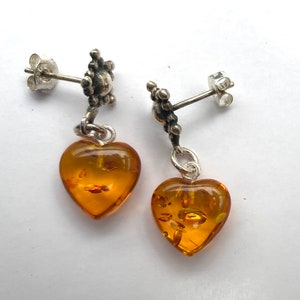 Real Baltic amber and sterling silver heart stud earrings handmade for pierced ears