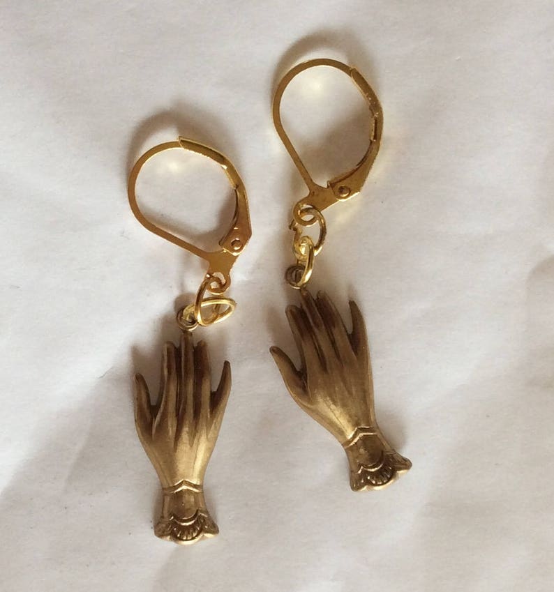 Two hands earrings Pair of hands Victorian style Palmestry raw brass gold tone finger loop charms Wedding Engagement image 1