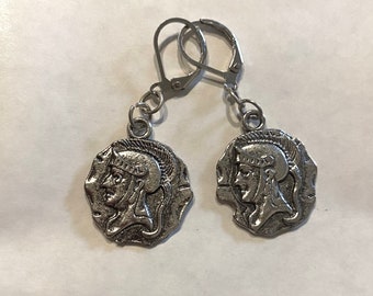 Roman legionnaire double sided coin earrings replica coin silver tone lever back for pierced ears