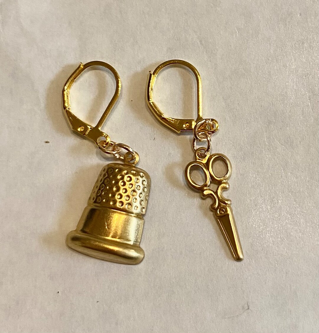 Thimble and Scissors Pair of Earrings Sewer's Gift Charm Raw Brass Gold ...