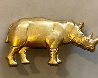 Rhino rhinoceros raw brass brooch / pin made from vintage finding