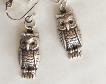 Owl pewter handmade earrings screw fitting for non pierced ears nickel free