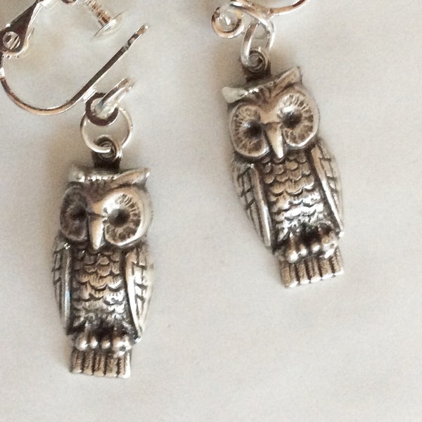 Owl pewter handmade earrings screw fitting for non pierced ears nickel free