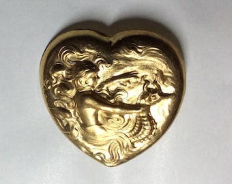 Art nouveau Mermaid and seahorse heart shaped raw brass brooch pin vintage finding