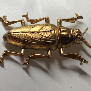 Beetle bug charm raw brass gold tone brooch / pin made from vintage finding