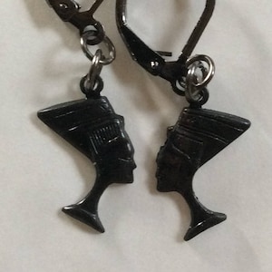 Nefertiti earrings black Egyptian queen head handmade for pierced ears nickel free small