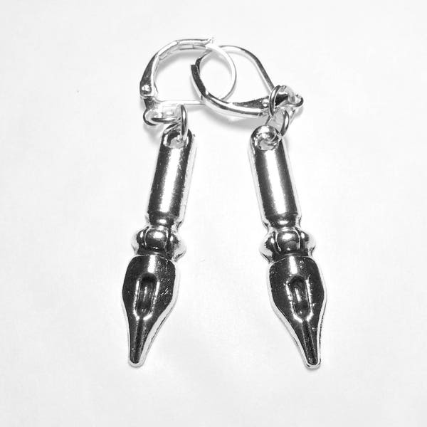 Pen nib writer's fountain pen earrings silver tone charms for pierced ears