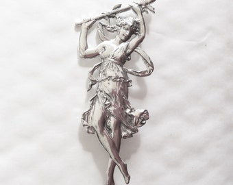 Roman muse dancer Art nouveau style vintage silver plated brooch / pin