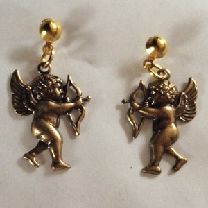 Cheeky Cupid angel cherub cupid stud earrings antiqued brass for pierced  ears nickel free