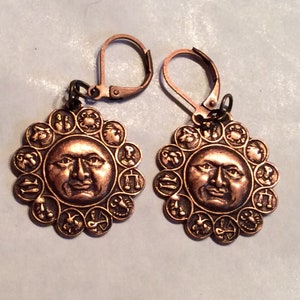 Moon and Zodiac star signs Horoscope earrings copper handmade for pierced ears nickel free