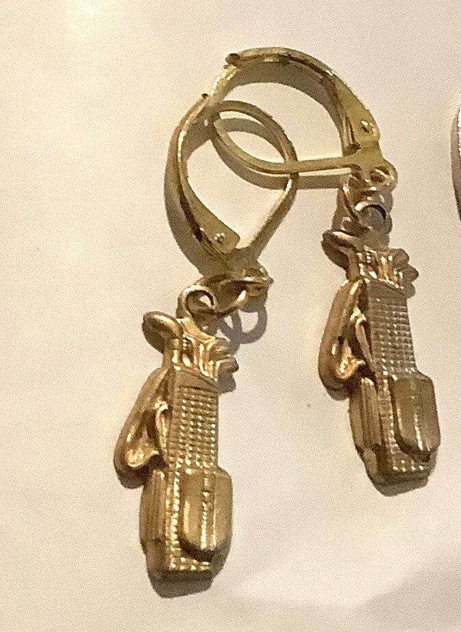 Golf bag raw brass  gold tone handmade earrings for pierced ears